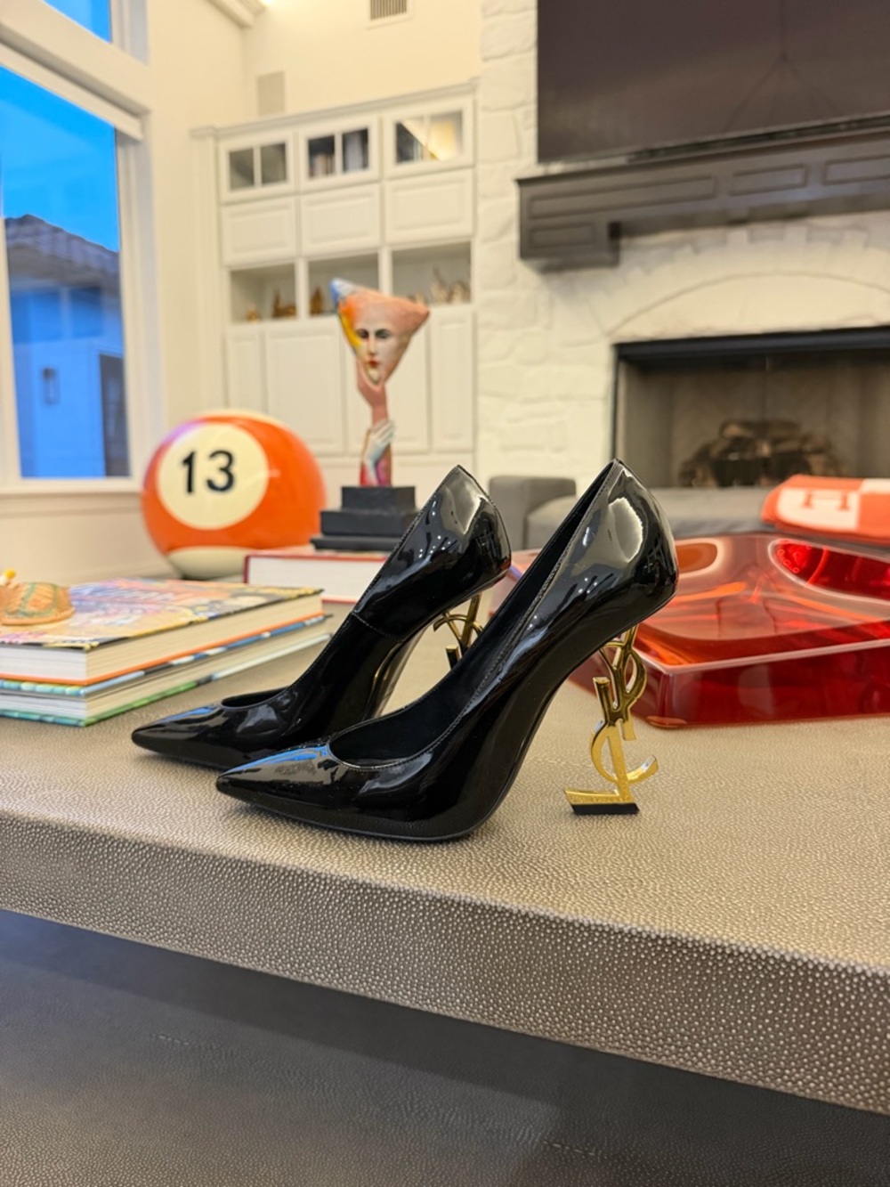LIKE NEW! Saint Laurent Black Patent Pumps with Gold YSL Logo Heel